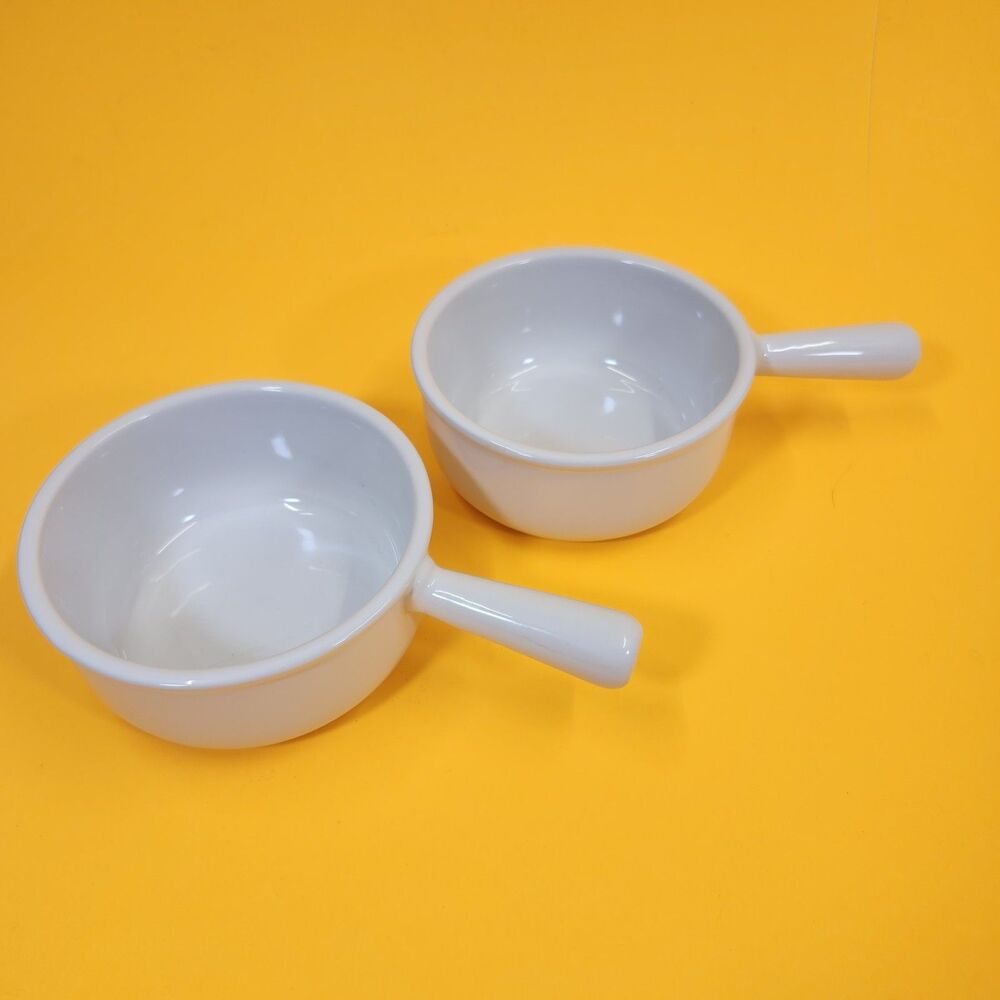 2 Le Creuset French Onion Handled Soup Bowls 1041 White Set Handle 5" Ceramic
